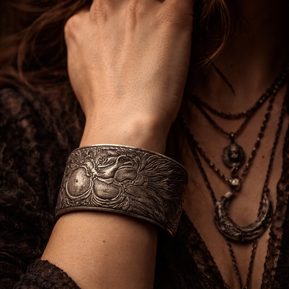 Vintage Pewter Cuff Bracelet Salisbury Wide Floral Phoenix Boho Statement - Picture 2 of 10